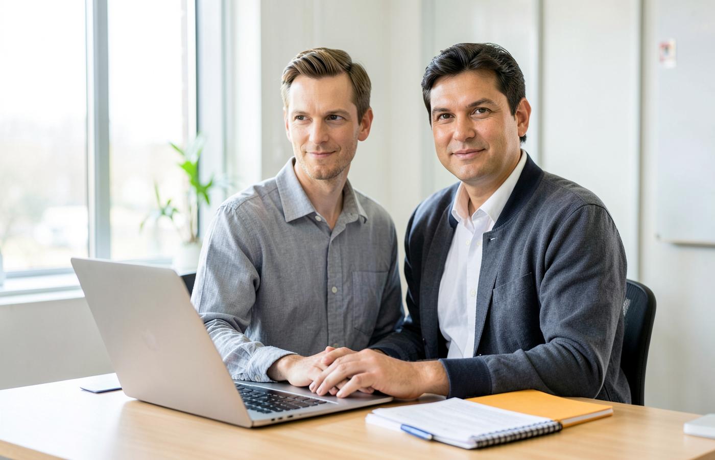 Independent professionals reviewing business paperwork together in an office