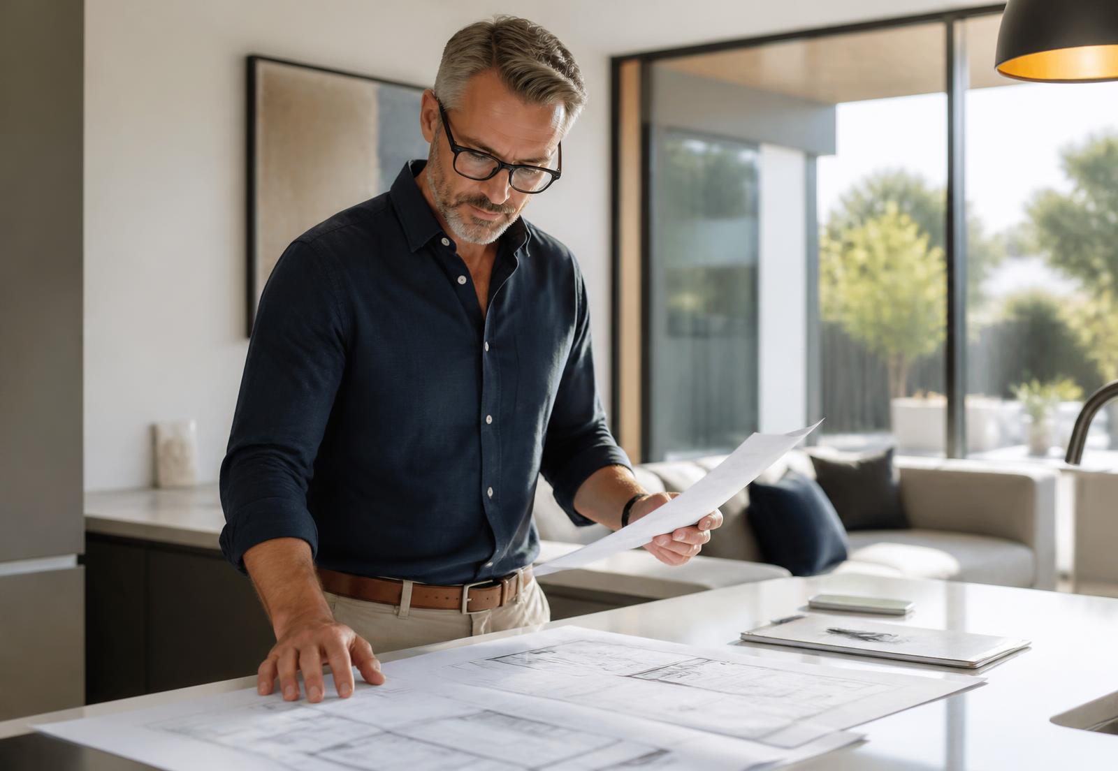 Business owner reviewing property plans and paperwork at a kitchen island