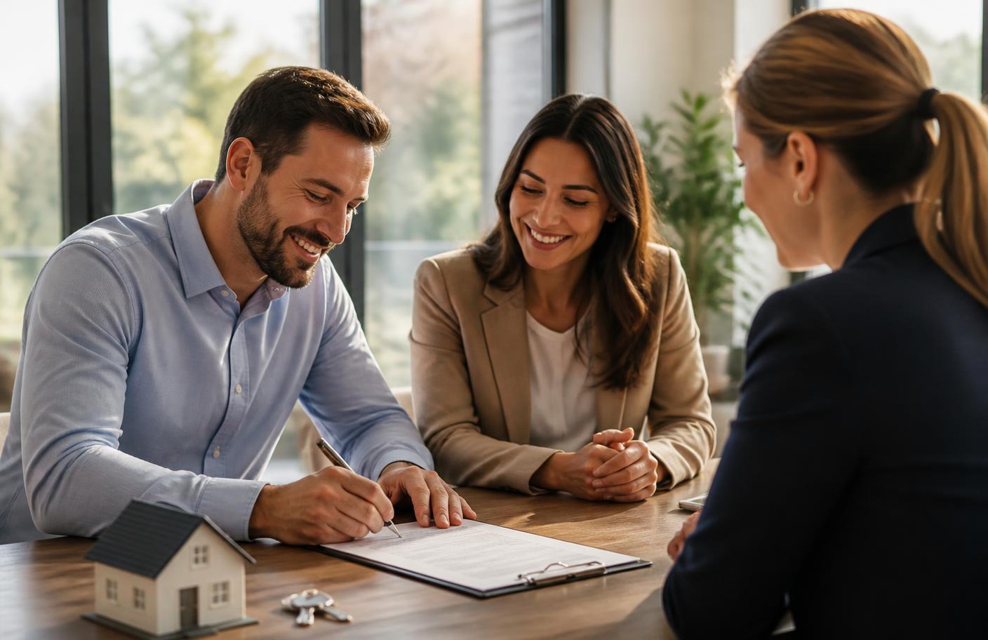 Real-estate agent reviewing paperwork with clients at an office table