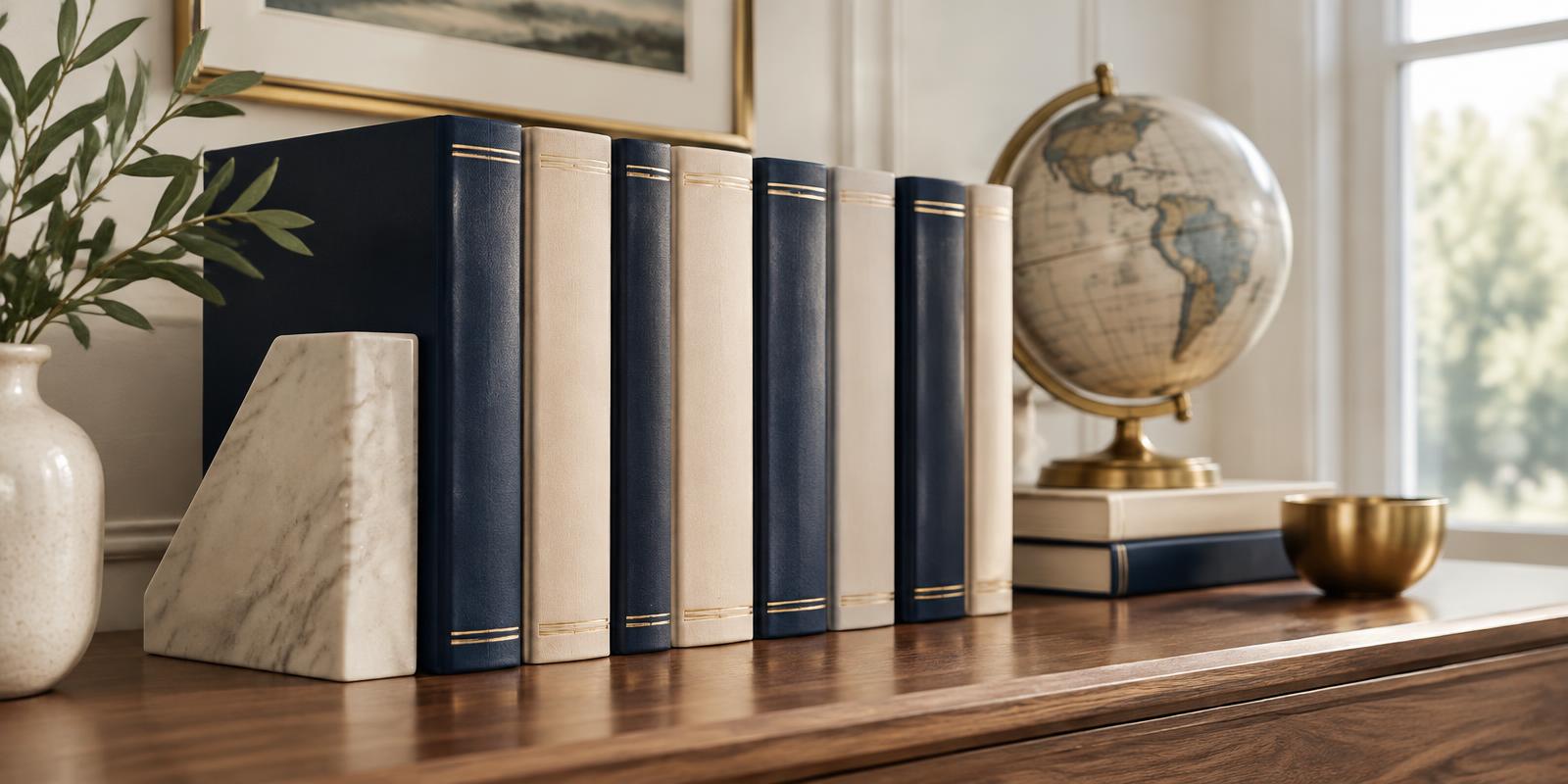 Reference books on a desk in a bright professional study